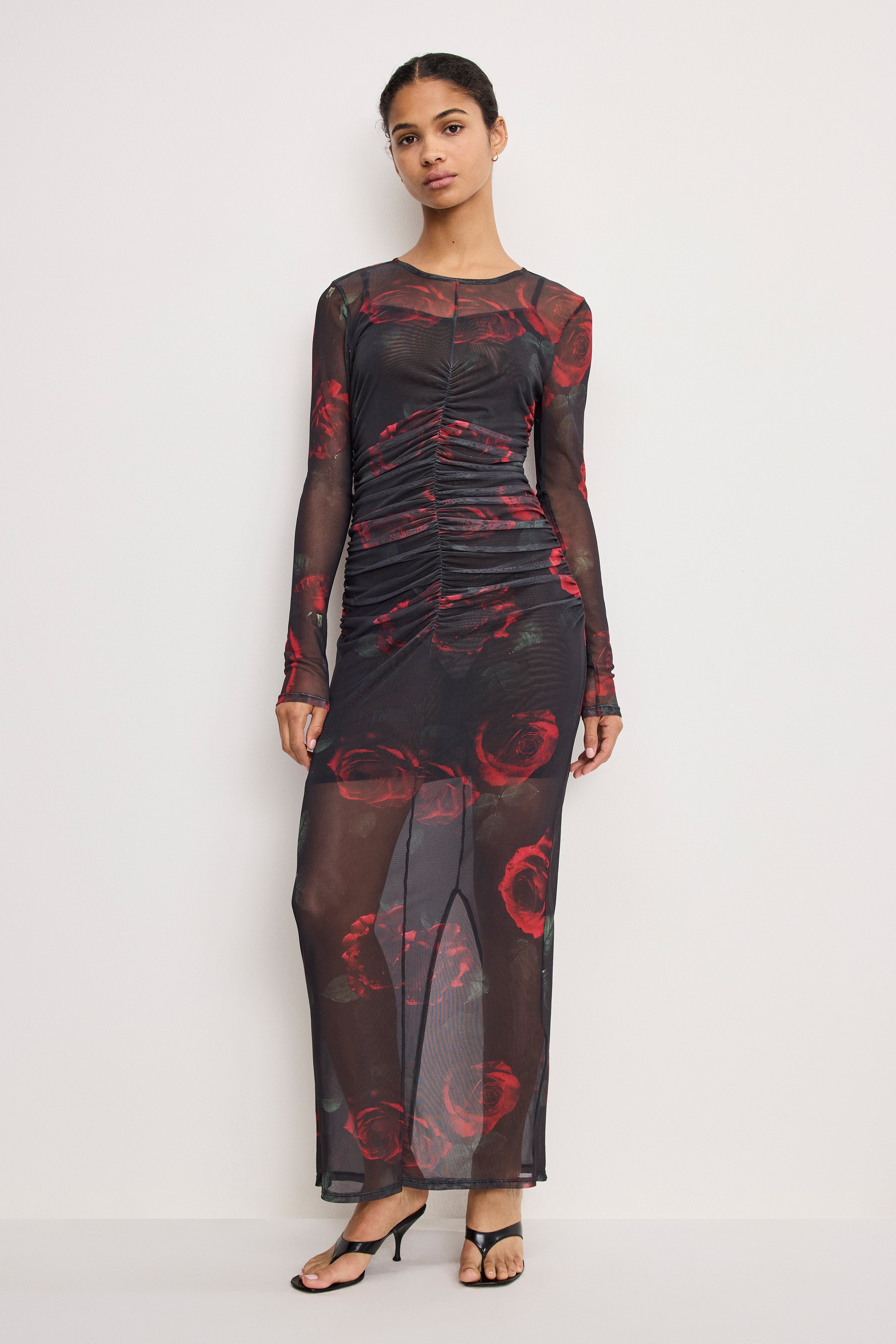 MESH RUCHED MAXI DRESS | MOODY RED ROSES001