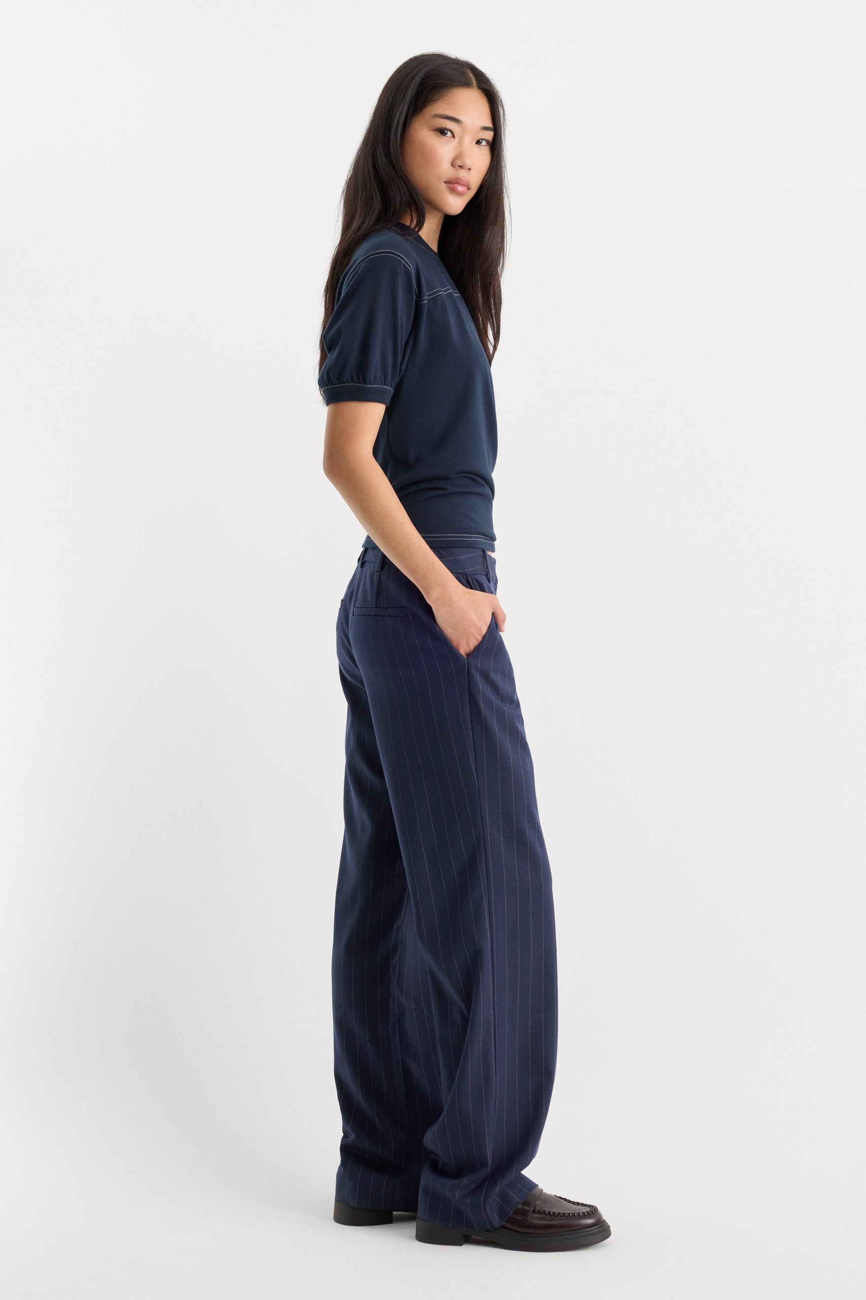 THE LOW RISE STRAIGHT LEG TROUSER | NAVY PINSTRIPE - Image 4