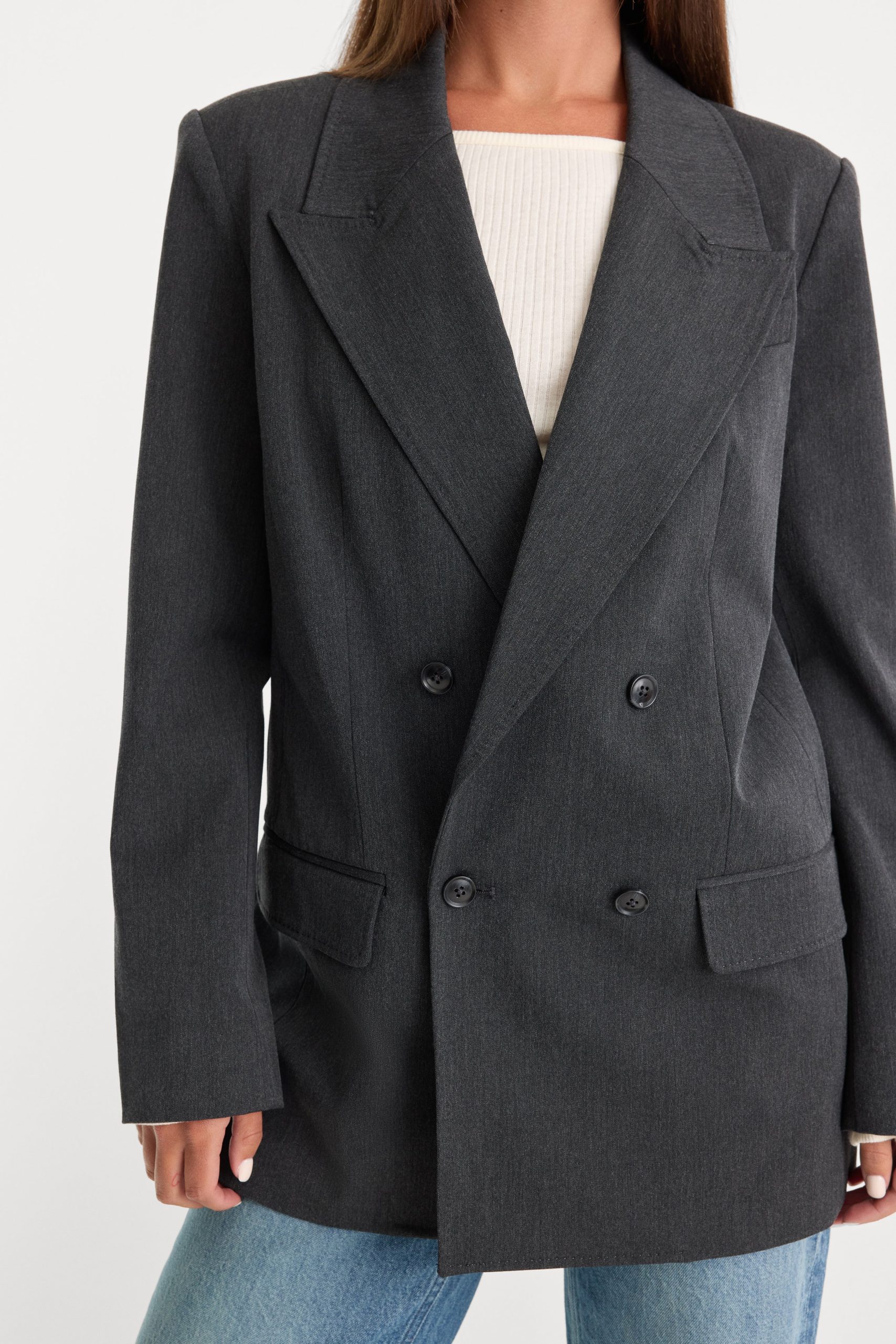 ESSENTIAL SUITING OVERSIZED DOUBLE BREASTED BLAZER | DARK HEATHER GRAY - Image 2